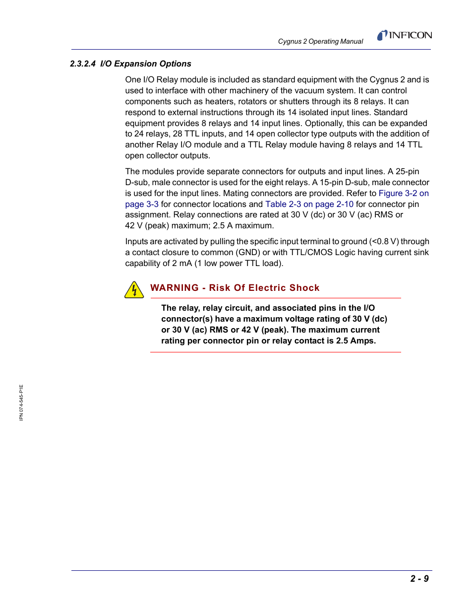 4 i/o expansion options, Warning - risk of electric shock | INFICON Cygnus 2 Thin Film Deposition Controller User Manual | Page 47 / 274