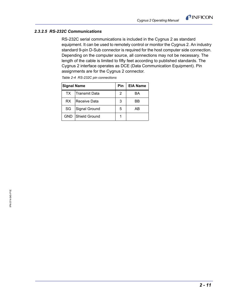 5 rs-232c communications | INFICON Cygnus 2 Thin Film Deposition Controller User Manual | Page 49 / 274