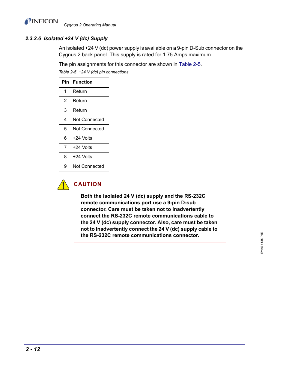 6 isolated +24 v (dc) supply, Caution | INFICON Cygnus 2 Thin Film Deposition Controller User Manual | Page 50 / 274