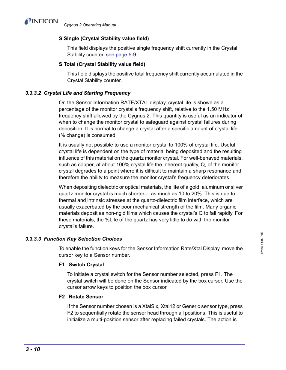 2 crystal life and starting frequency, 3 function key selection choices | INFICON Cygnus 2 Thin Film Deposition Controller User Manual | Page 60 / 274