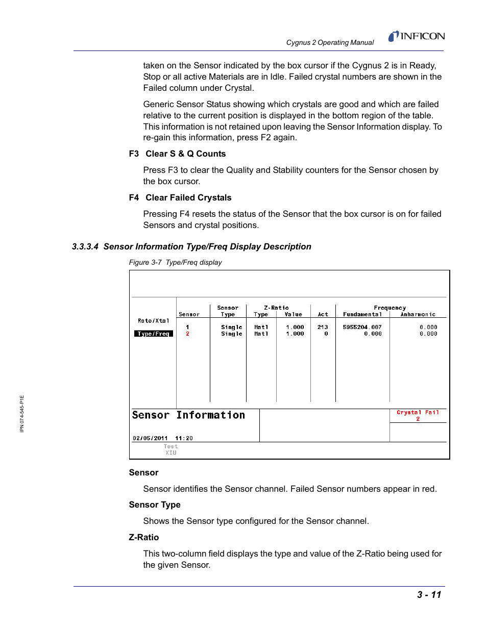 4 sensor information type/freq display description | INFICON Cygnus 2 Thin Film Deposition Controller User Manual | Page 61 / 274