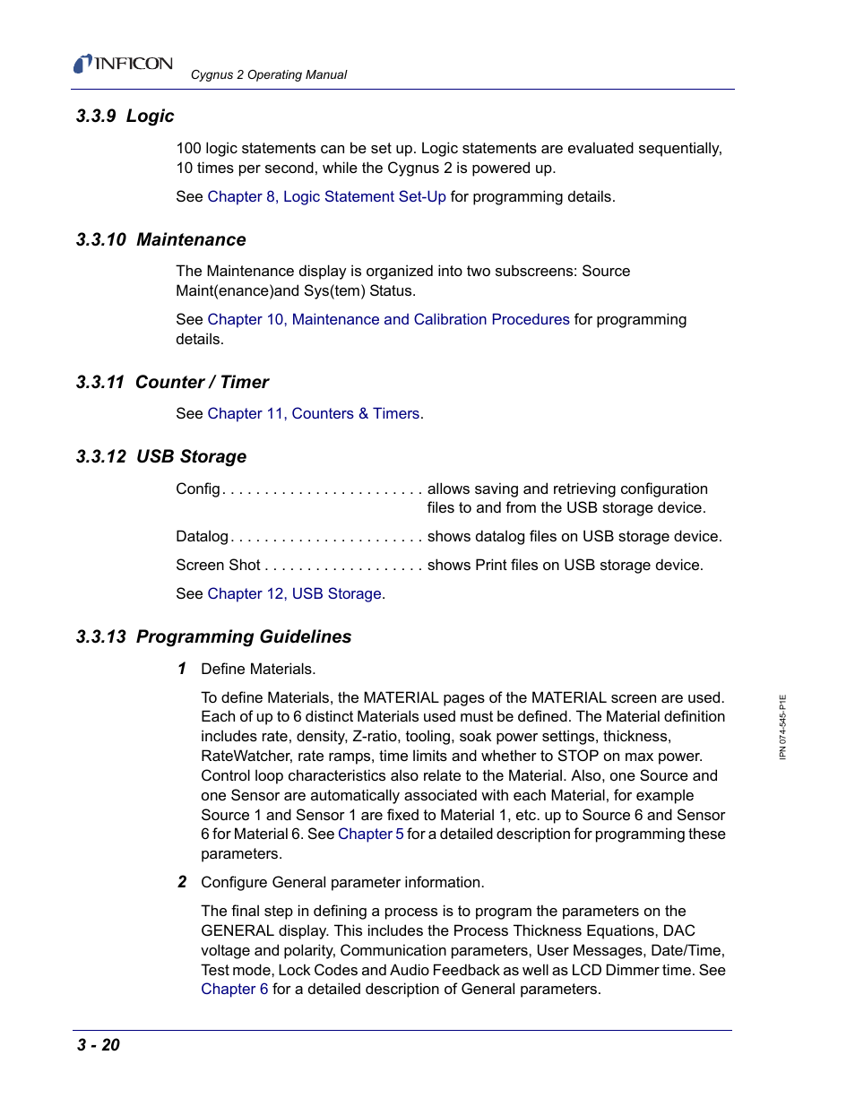 9 logic, 10 maintenance, 11 counter / timer | 12 usb storage, 13 programming guidelines | INFICON Cygnus 2 Thin Film Deposition Controller User Manual | Page 70 / 274