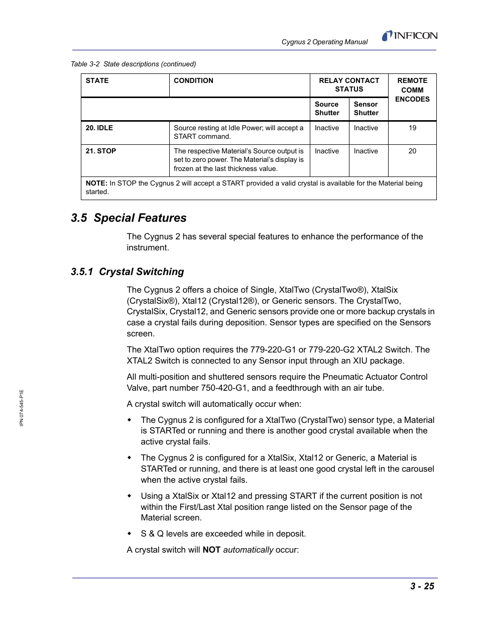 5 special features, 1 crystal switching | INFICON Cygnus 2 Thin Film Deposition Controller User Manual | Page 75 / 274