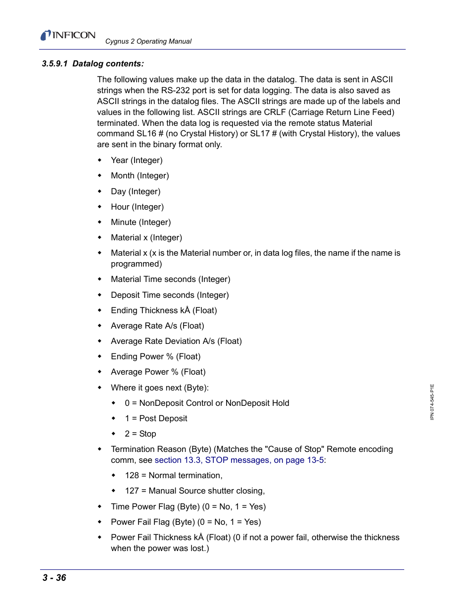 1 datalog contents | INFICON Cygnus 2 Thin Film Deposition Controller User Manual | Page 86 / 274