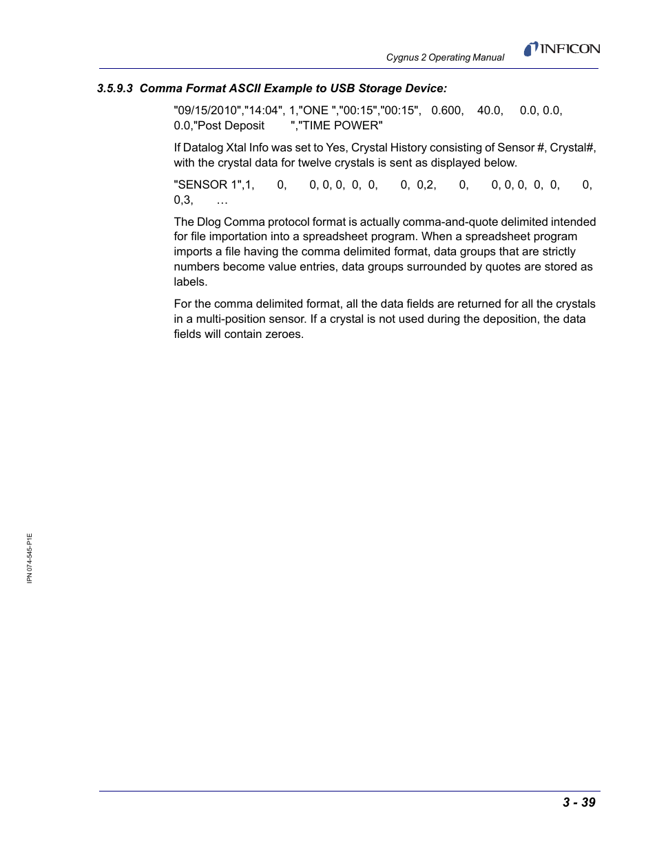 3 comma format ascii example to usb storage device, Section 3.5.9.3 | INFICON Cygnus 2 Thin Film Deposition Controller User Manual | Page 89 / 274