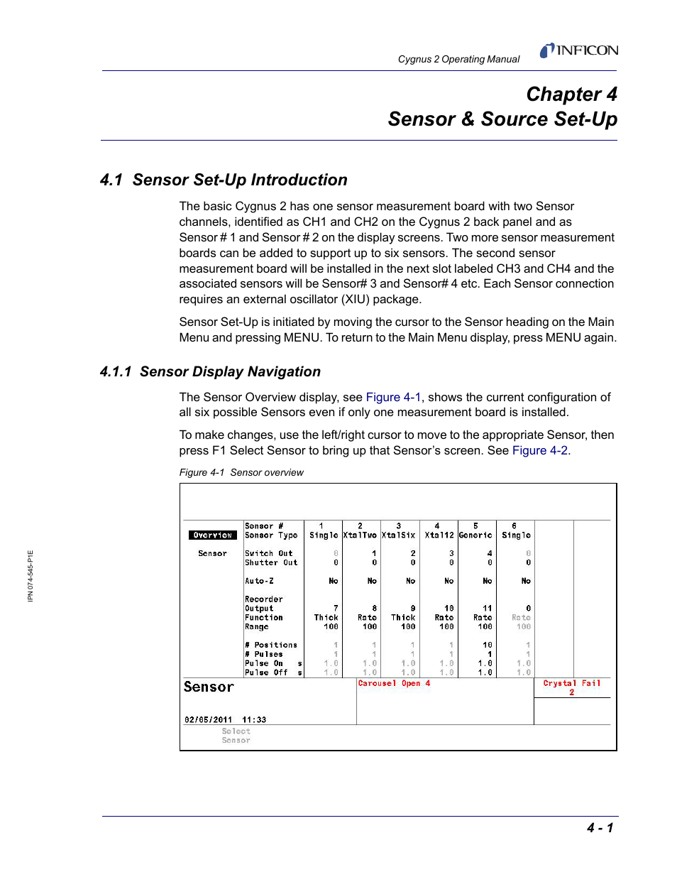 Chapter 4 sensor & source set-up, 1 sensor set-up introduction, 1 sensor display navigation | Chapter 4, Section 4 | INFICON Cygnus 2 Thin Film Deposition Controller User Manual | Page 91 / 274