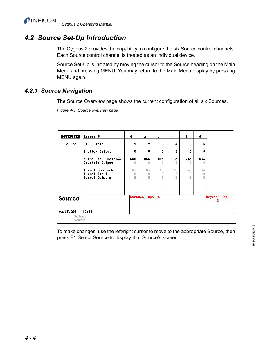 2 source set-up introduction, 1 source navigation | INFICON Cygnus 2 Thin Film Deposition Controller User Manual | Page 94 / 274