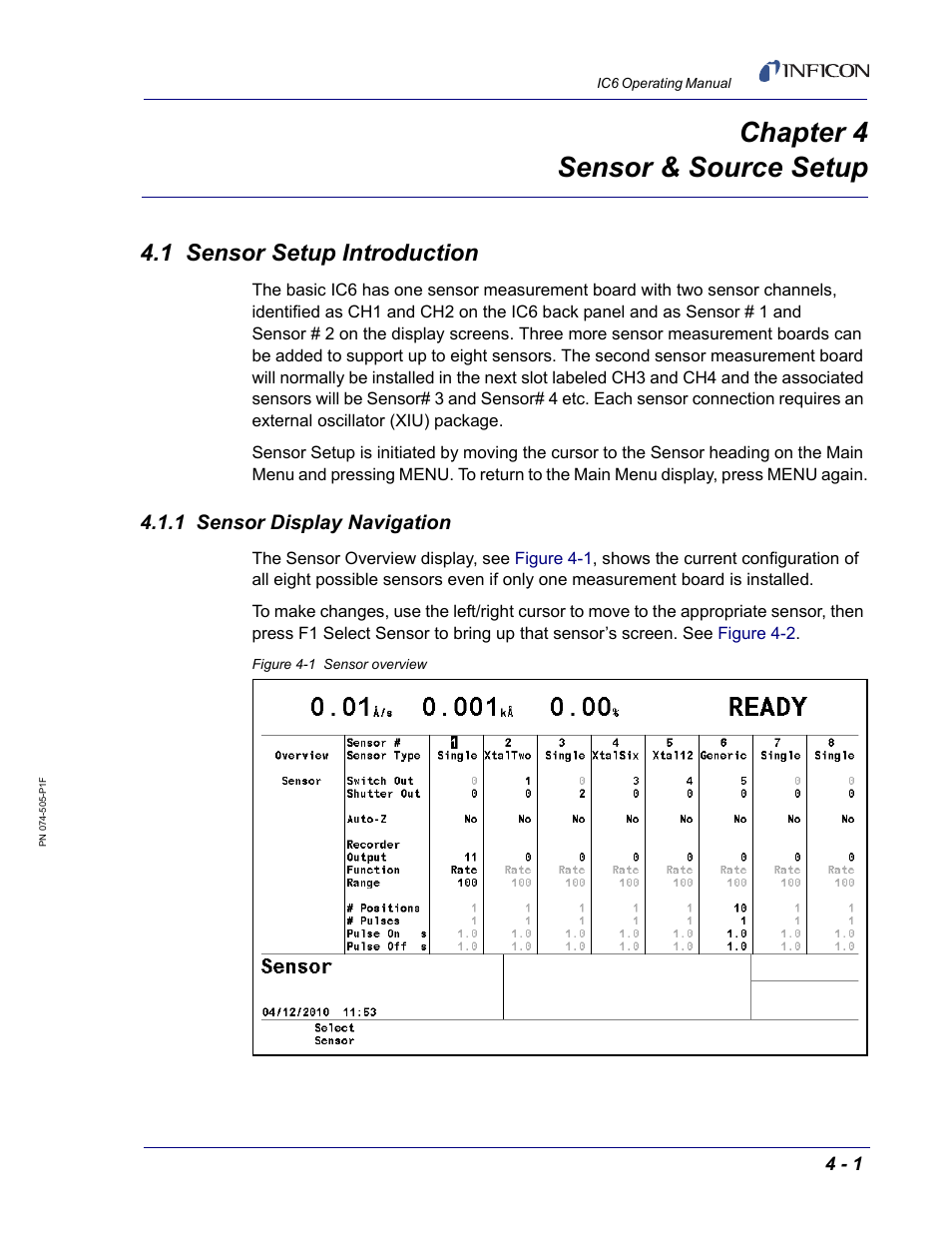 Chapter 4 sensor & source setup, 1 sensor setup introduction, 1 sensor display navigation | Chapter 4, Section 4 | INFICON IC6 Thin Film Deposition Controller User Manual | Page 101 / 332
