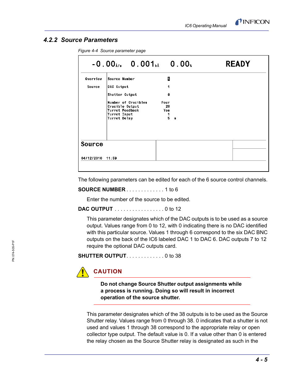 2 source parameters, Caution | INFICON IC6 Thin Film Deposition Controller User Manual | Page 105 / 332