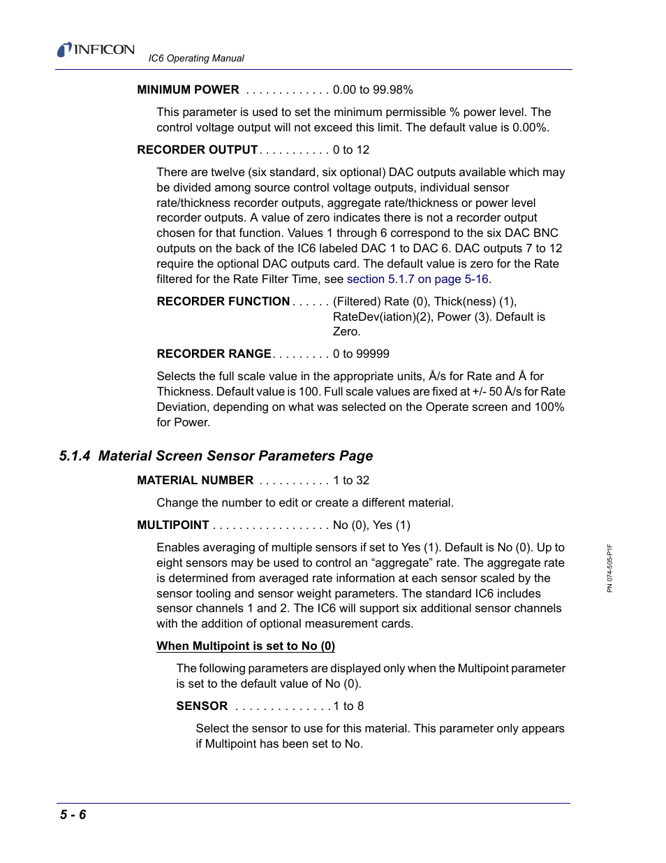 Section 5.1.4 on, 4 material screen sensor parameters page | INFICON IC6 Thin Film Deposition Controller User Manual | Page 114 / 332