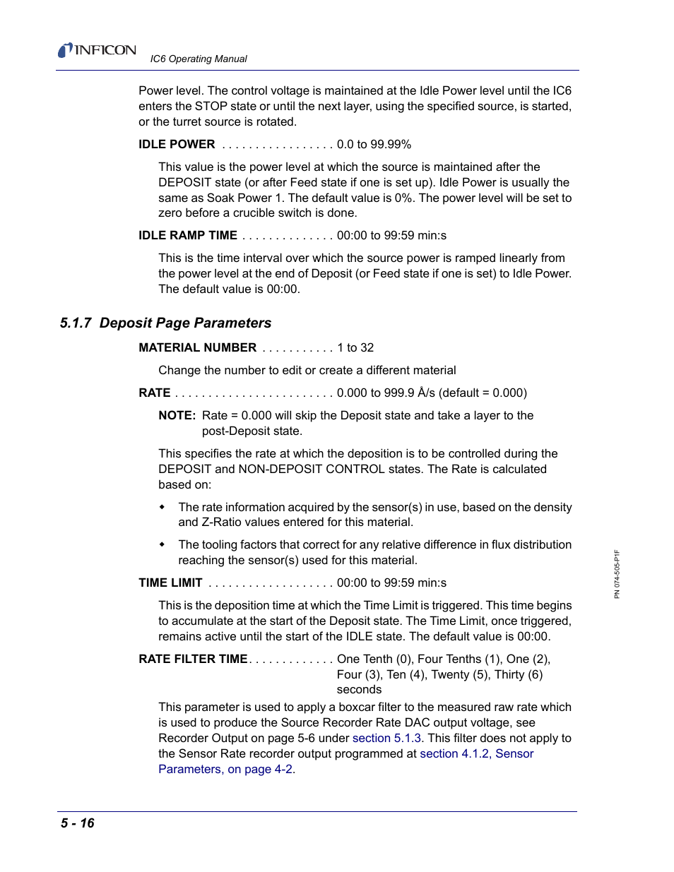 7 deposit page parameters | INFICON IC6 Thin Film Deposition Controller User Manual | Page 124 / 332