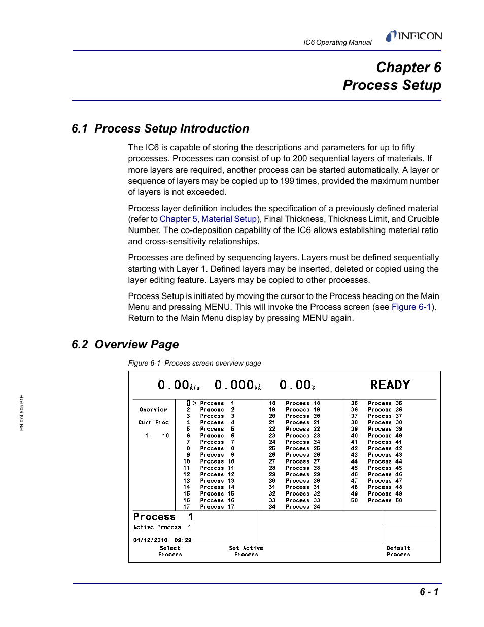 Chapter 6 process setup, 1 process setup introduction, Chapter 6 | Apter 6, Process setup, 2 overview page | INFICON IC6 Thin Film Deposition Controller User Manual | Page 129 / 332