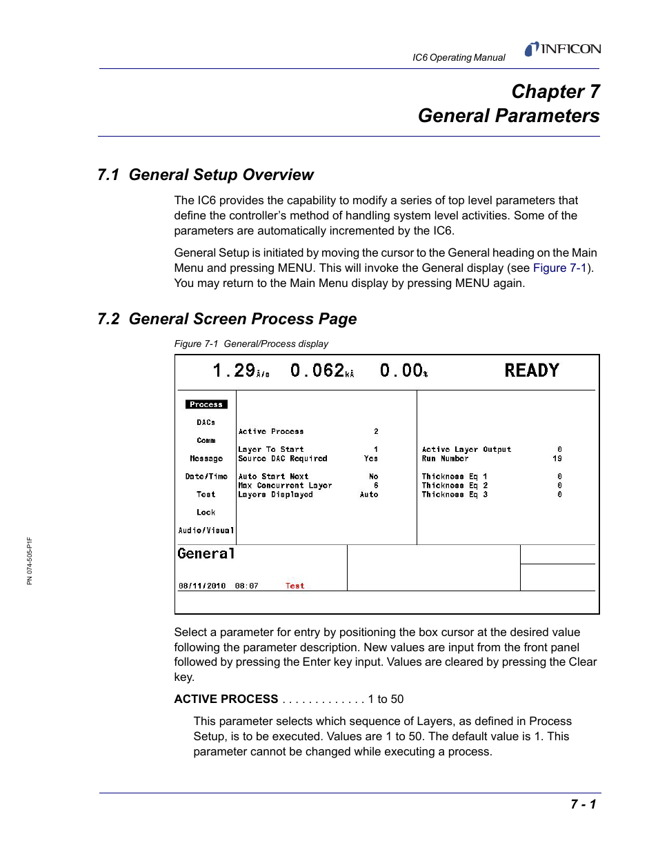 Chapter 7 general parameters, 1 general setup overview, Chapter 7 | Chapter 7, general parameters, Section 7.2, 2 general screen process page | INFICON IC6 Thin Film Deposition Controller User Manual | Page 135 / 332