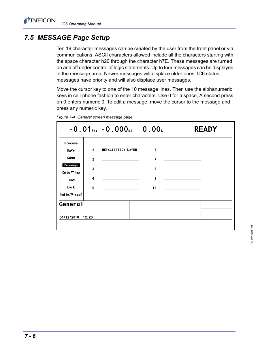 5 message page setup | INFICON IC6 Thin Film Deposition Controller User Manual | Page 140 / 332