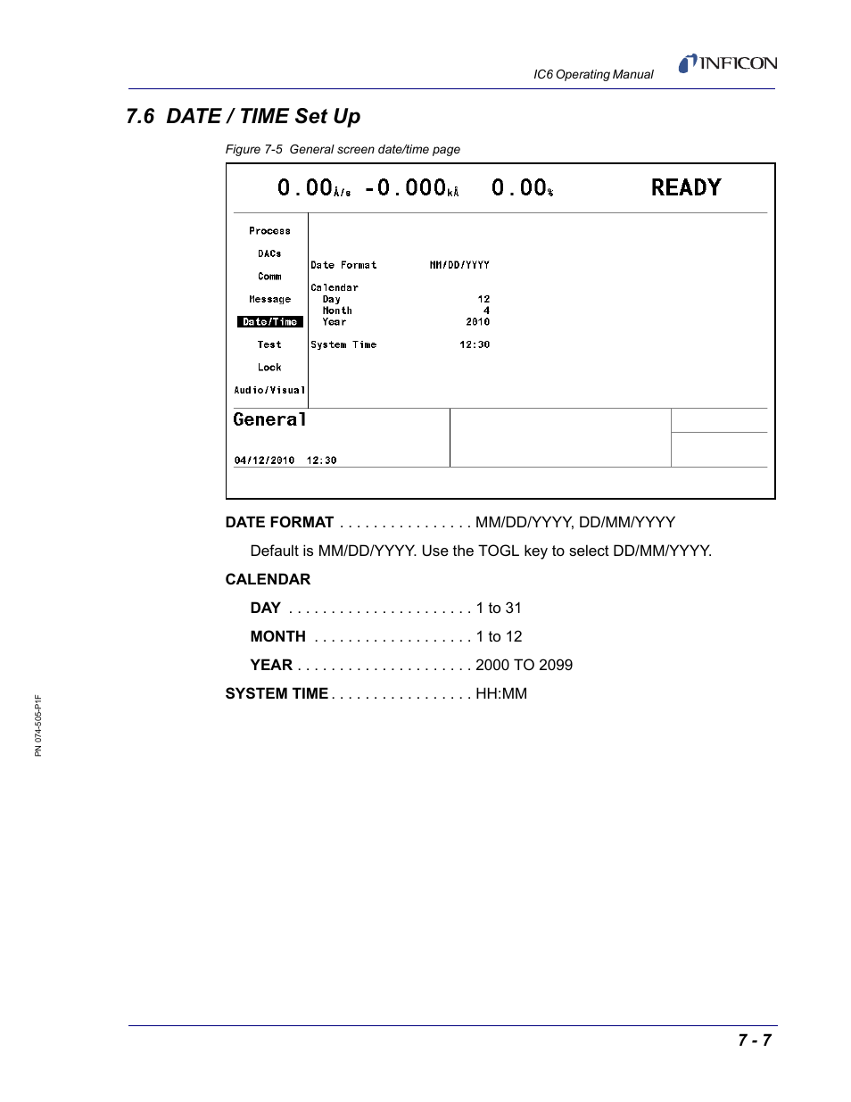 6 date / time set up, Section 7.6, date / time set up, on | INFICON IC6 Thin Film Deposition Controller User Manual | Page 141 / 332