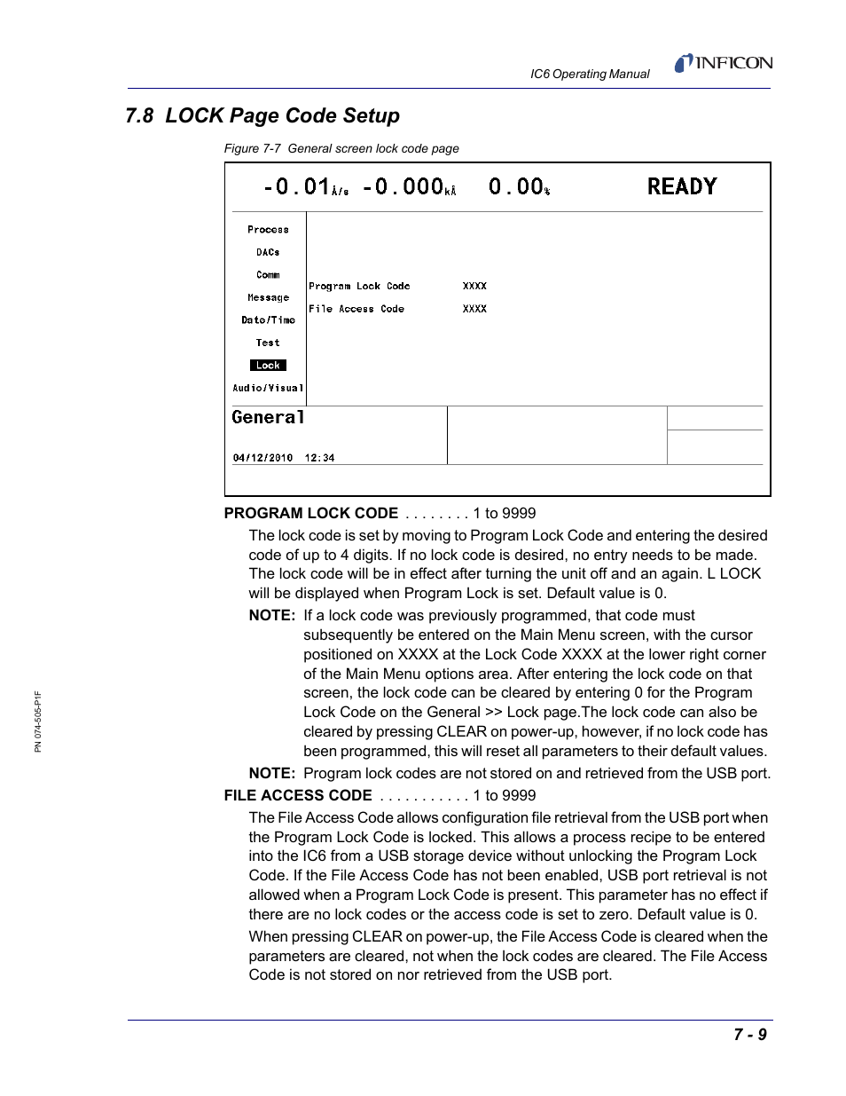8 lock page code setup | INFICON IC6 Thin Film Deposition Controller User Manual | Page 143 / 332