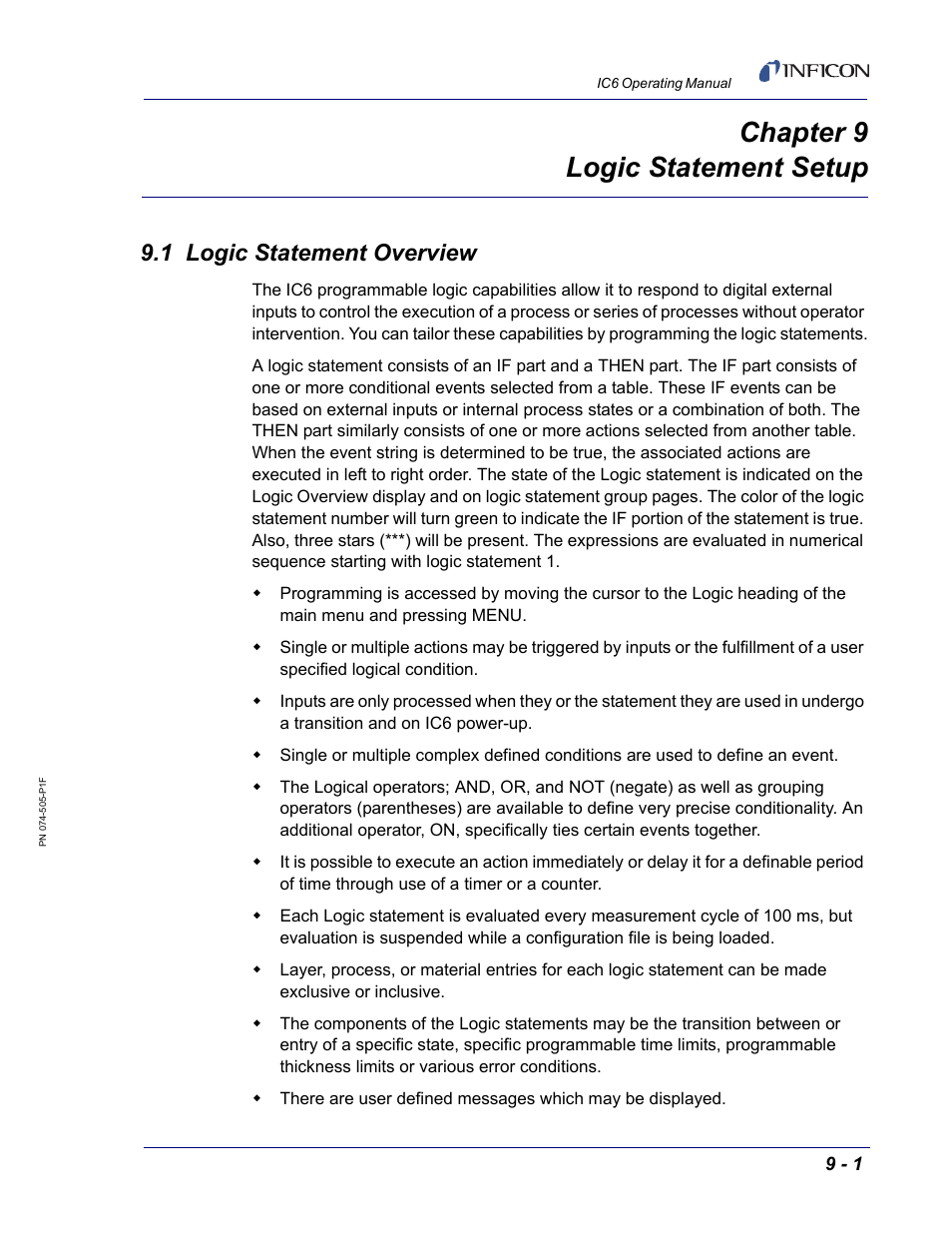 Chapter 9 logic statement setup, 1 logic statement overview, Chapter 9 | Pter 9, logic statement setup, Logic statement setup | INFICON IC6 Thin Film Deposition Controller User Manual | Page 149 / 332
