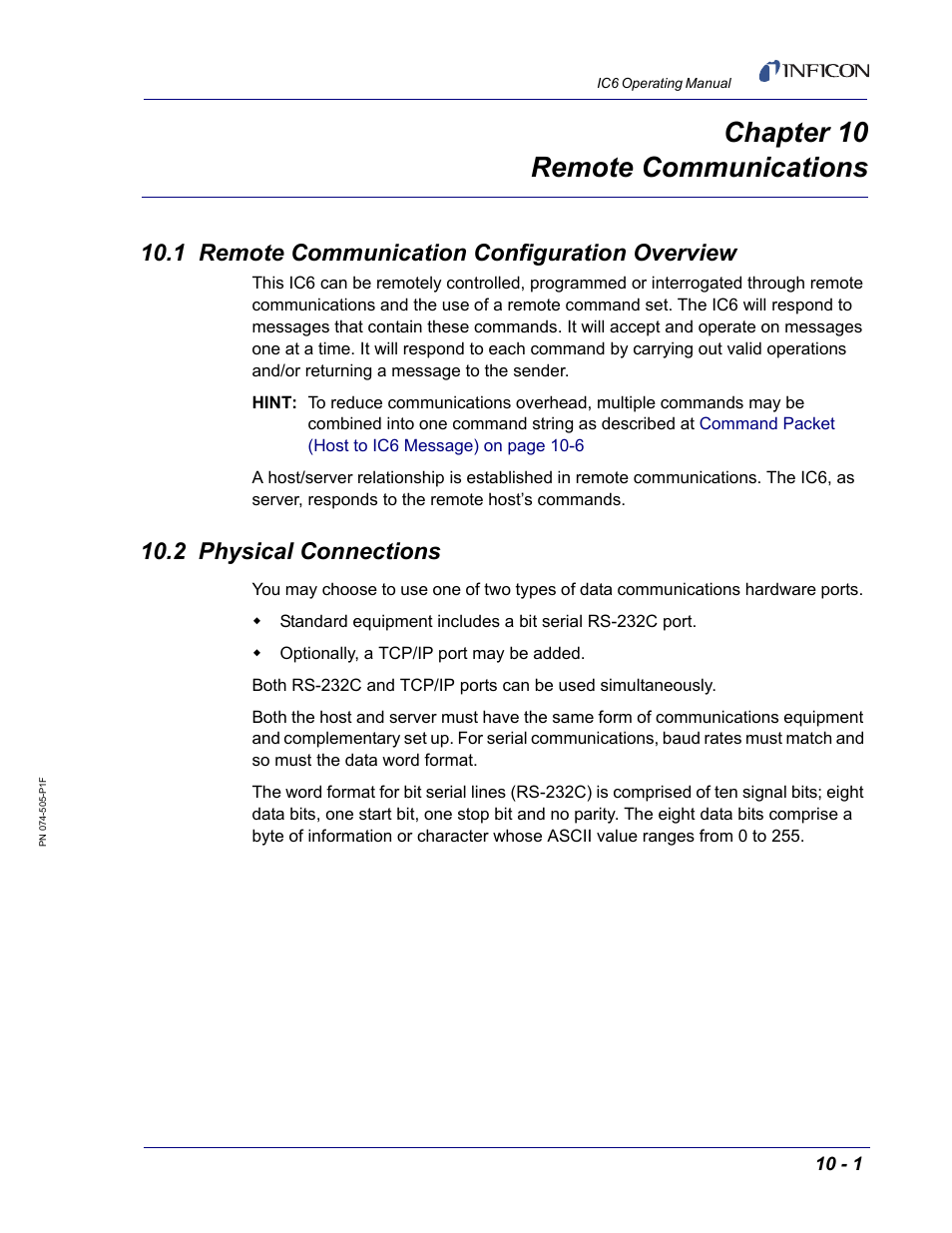 Chapter 10 remote communications, 1 remote communication configuration overview, 2 physical connections | Chapter 10, Chapter 10, pn 074-505-p1f remote communications | INFICON IC6 Thin Film Deposition Controller User Manual | Page 171 / 332