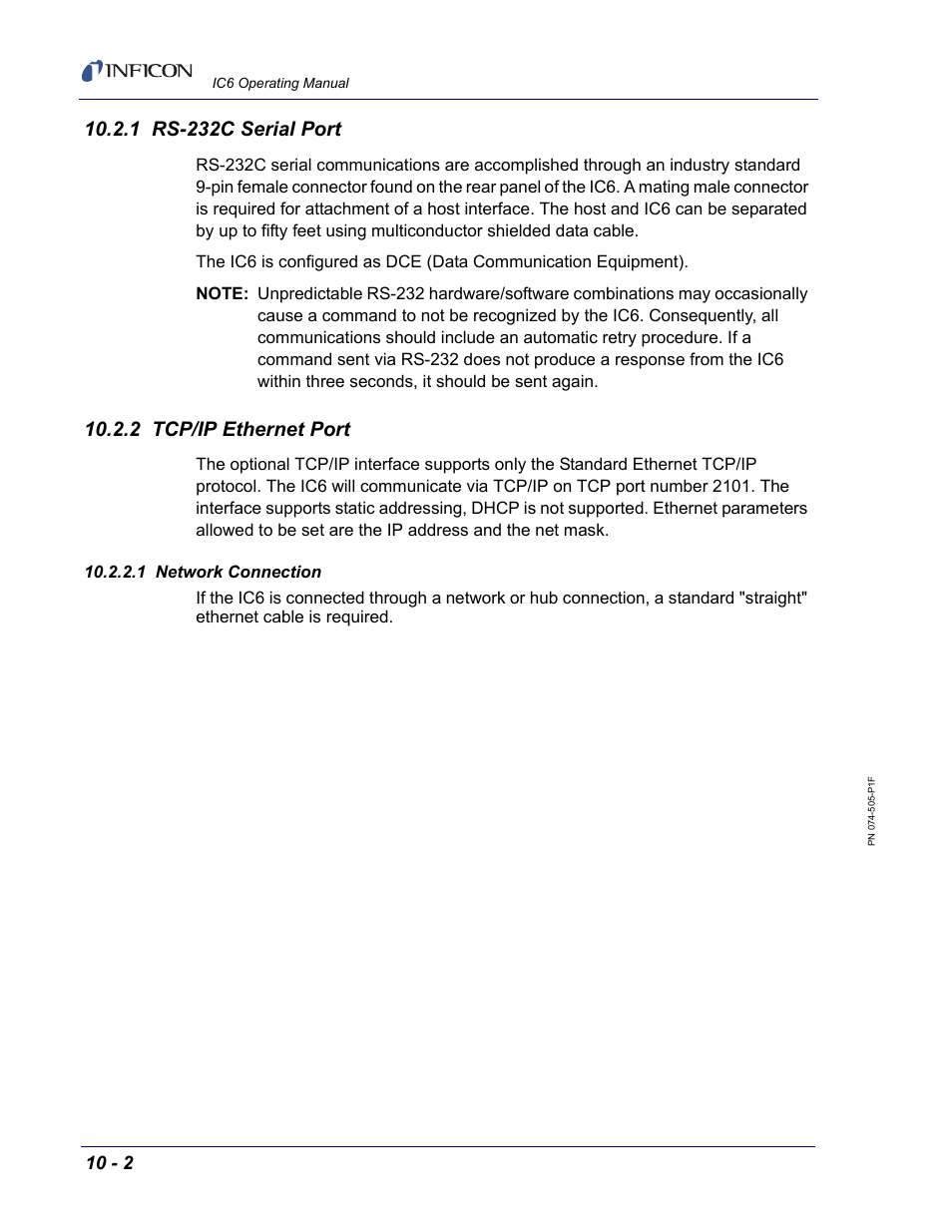 1 rs-232c serial port, 2 tcp/ip ethernet port, 1 network connection | INFICON IC6 Thin Film Deposition Controller User Manual | Page 172 / 332