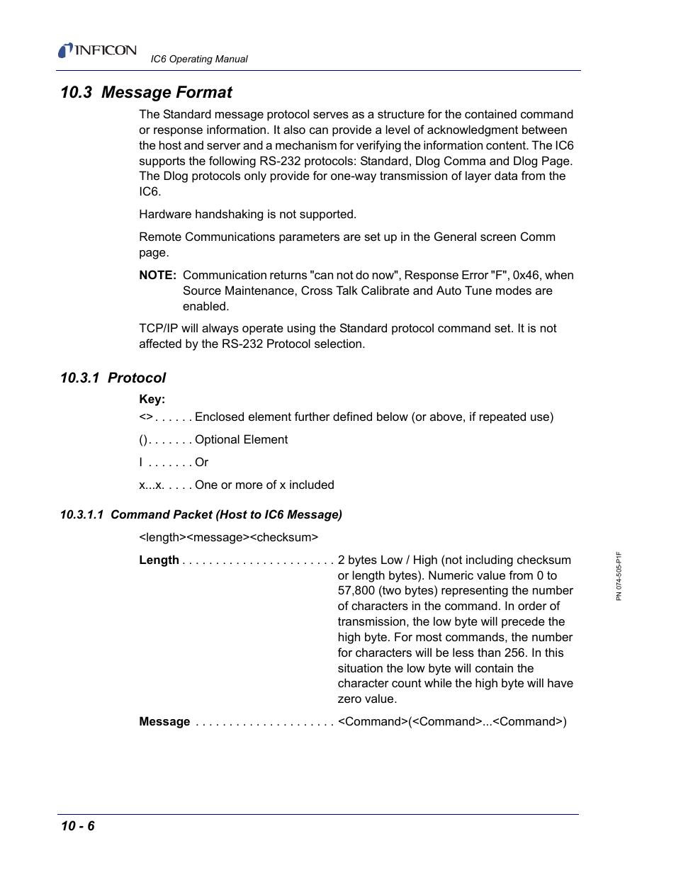 3 message format, 1 protocol, 1 command packet (host to ic6 message) | INFICON IC6 Thin Film Deposition Controller User Manual | Page 176 / 332