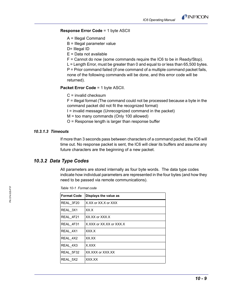 3 timeouts, 2 data type codes | INFICON IC6 Thin Film Deposition Controller User Manual | Page 179 / 332