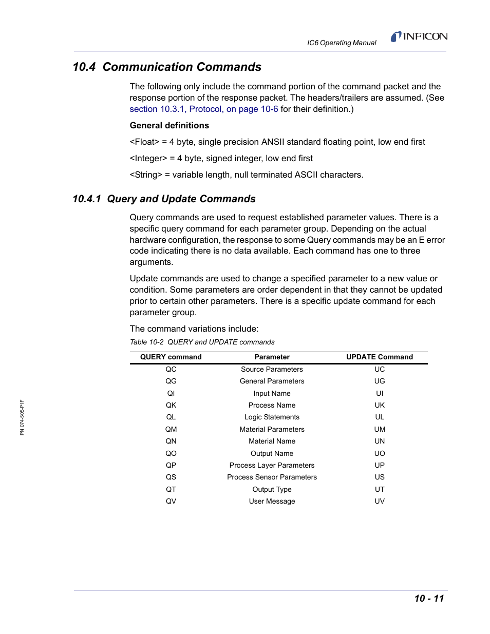 4 communication commands, 1 query and update commands | INFICON IC6 Thin Film Deposition Controller User Manual | Page 181 / 332