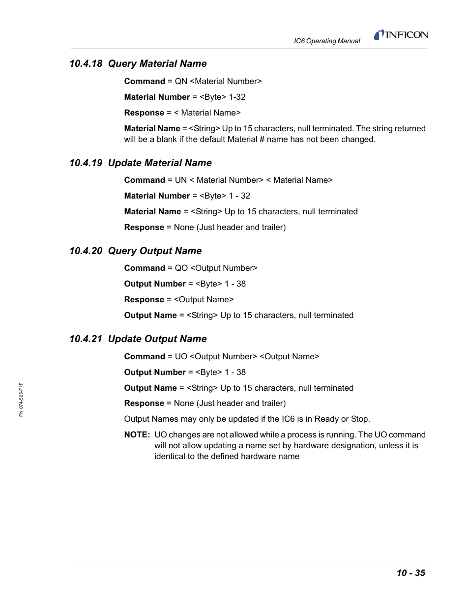 18 query material name, 19 update material name, 20 query output name | 21 update output name | INFICON IC6 Thin Film Deposition Controller User Manual | Page 205 / 332