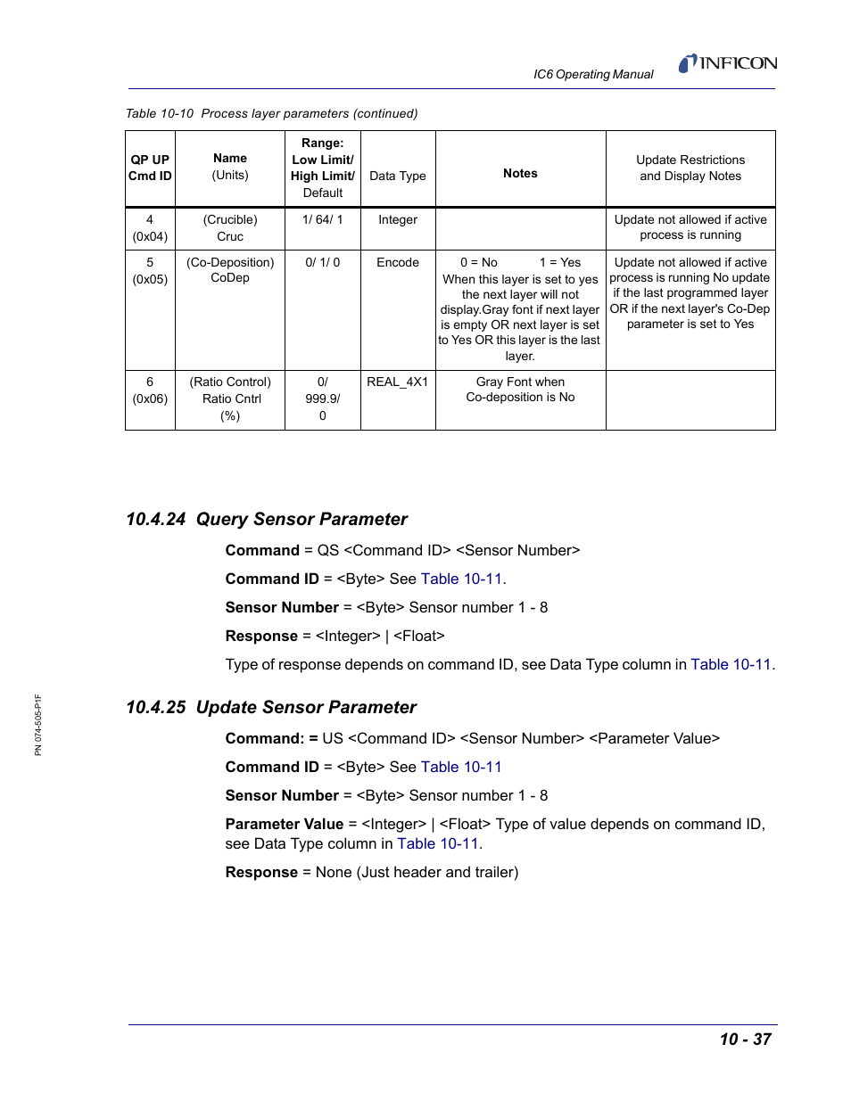 24 query sensor parameter, 25 update sensor parameter | INFICON IC6 Thin Film Deposition Controller User Manual | Page 207 / 332