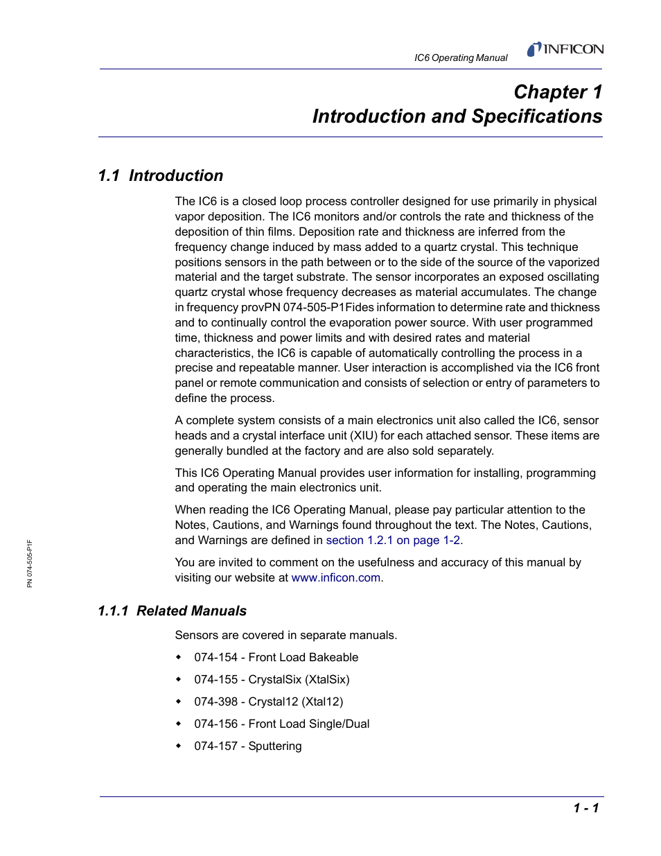 Chapter 1 introduction and specifications, 1 introduction, 1 related manuals | Chapter 1 | INFICON IC6 Thin Film Deposition Controller User Manual | Page 21 / 332