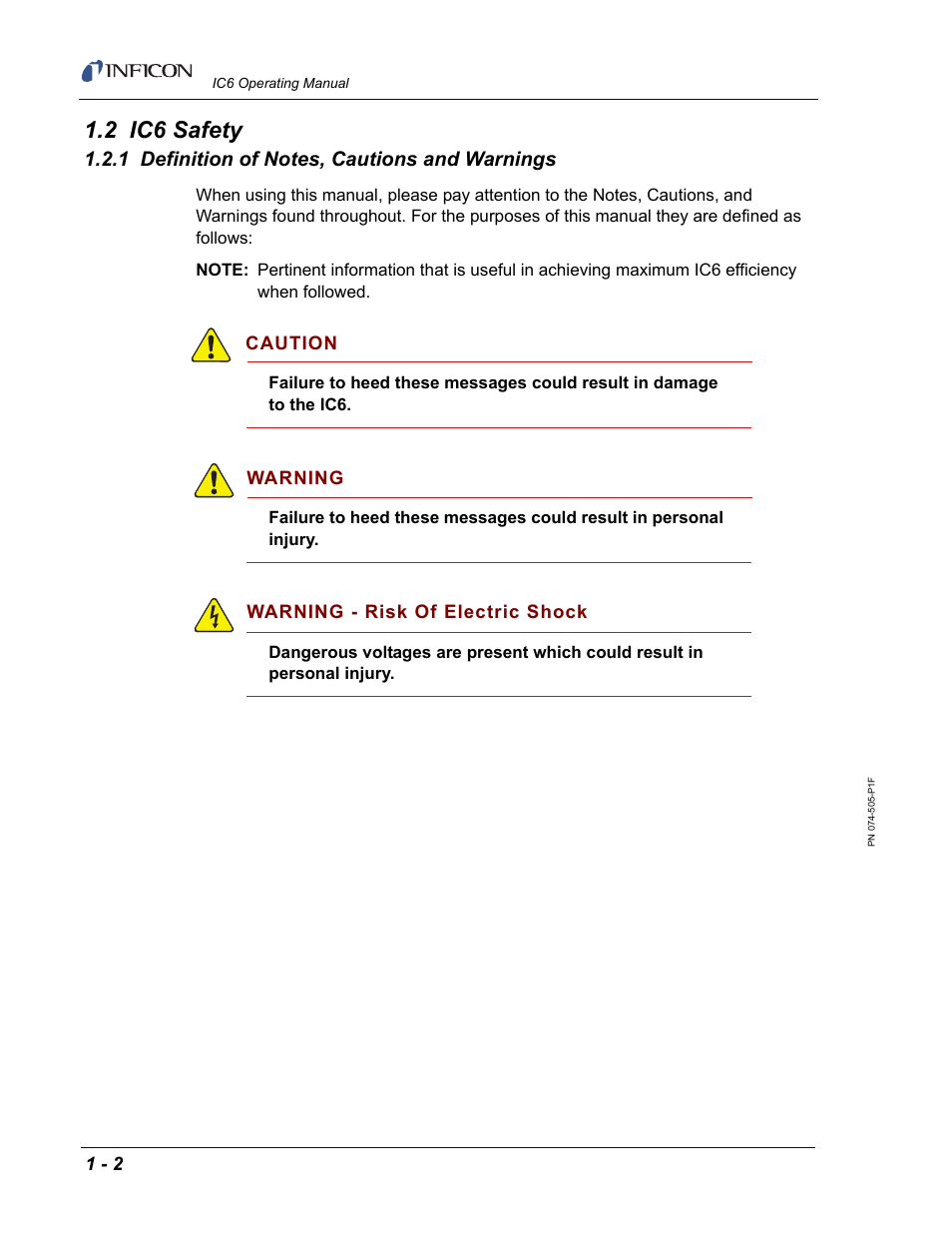 2 ic6 safety, 1 definition of notes, cautions and warnings | INFICON IC6 Thin Film Deposition Controller User Manual | Page 22 / 332