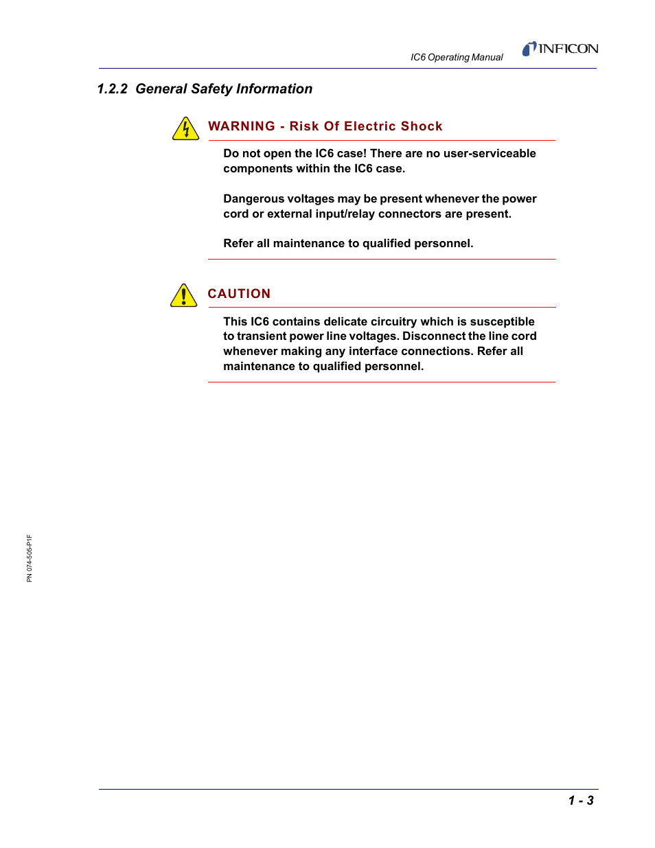 2 general safety information, Warning - risk of electric shock, Caution | INFICON IC6 Thin Film Deposition Controller User Manual | Page 23 / 332