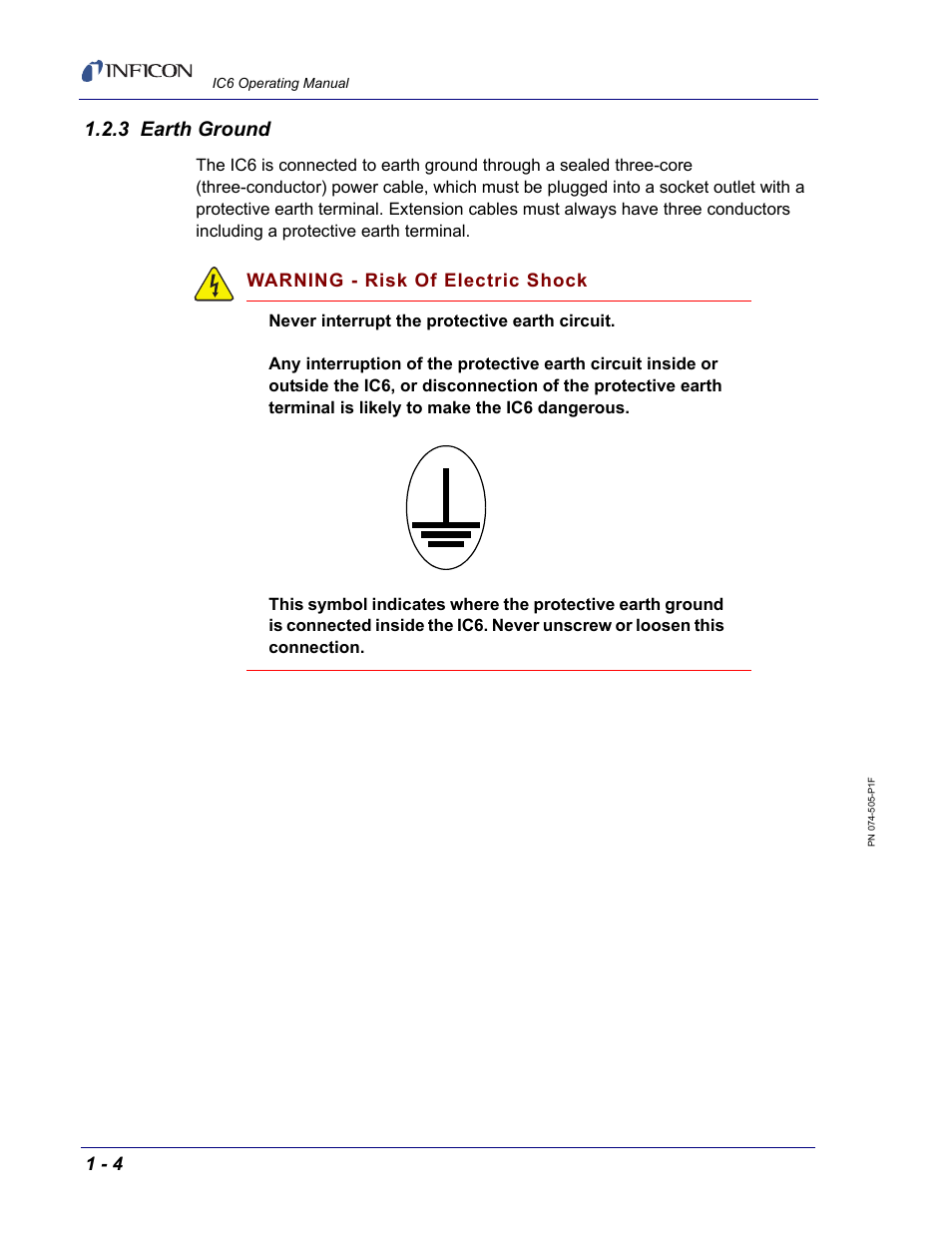 3 earth ground, Warning - risk of electric shock | INFICON IC6 Thin Film Deposition Controller User Manual | Page 24 / 332