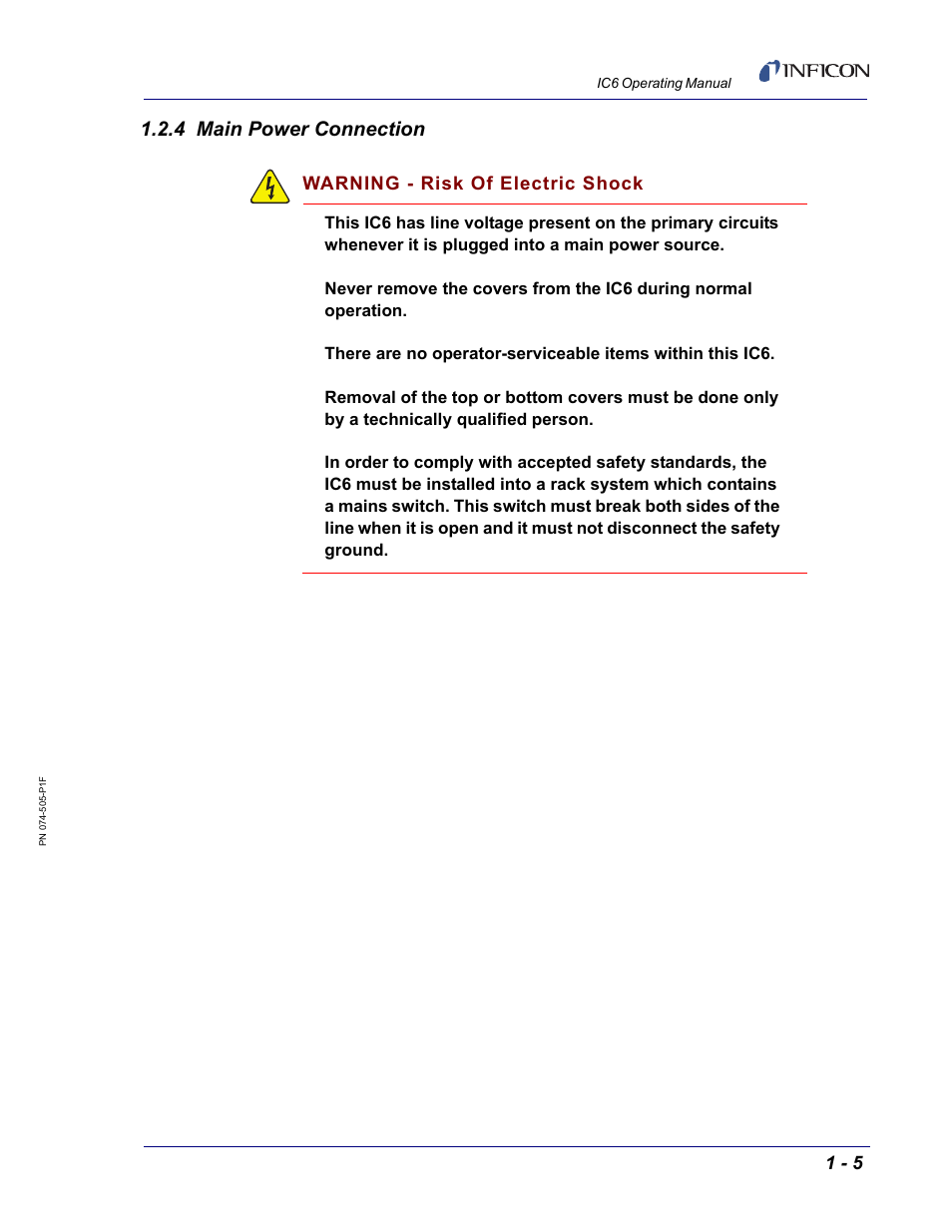 4 main power connection, Warning - risk of electric shock | INFICON IC6 Thin Film Deposition Controller User Manual | Page 25 / 332
