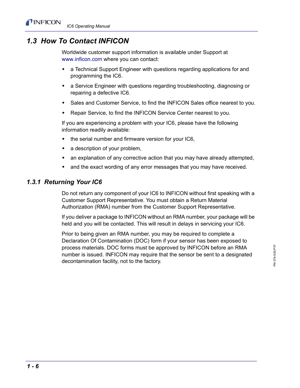 3 how to contact inficon, 1 returning your ic6 | INFICON IC6 Thin Film Deposition Controller User Manual | Page 26 / 332