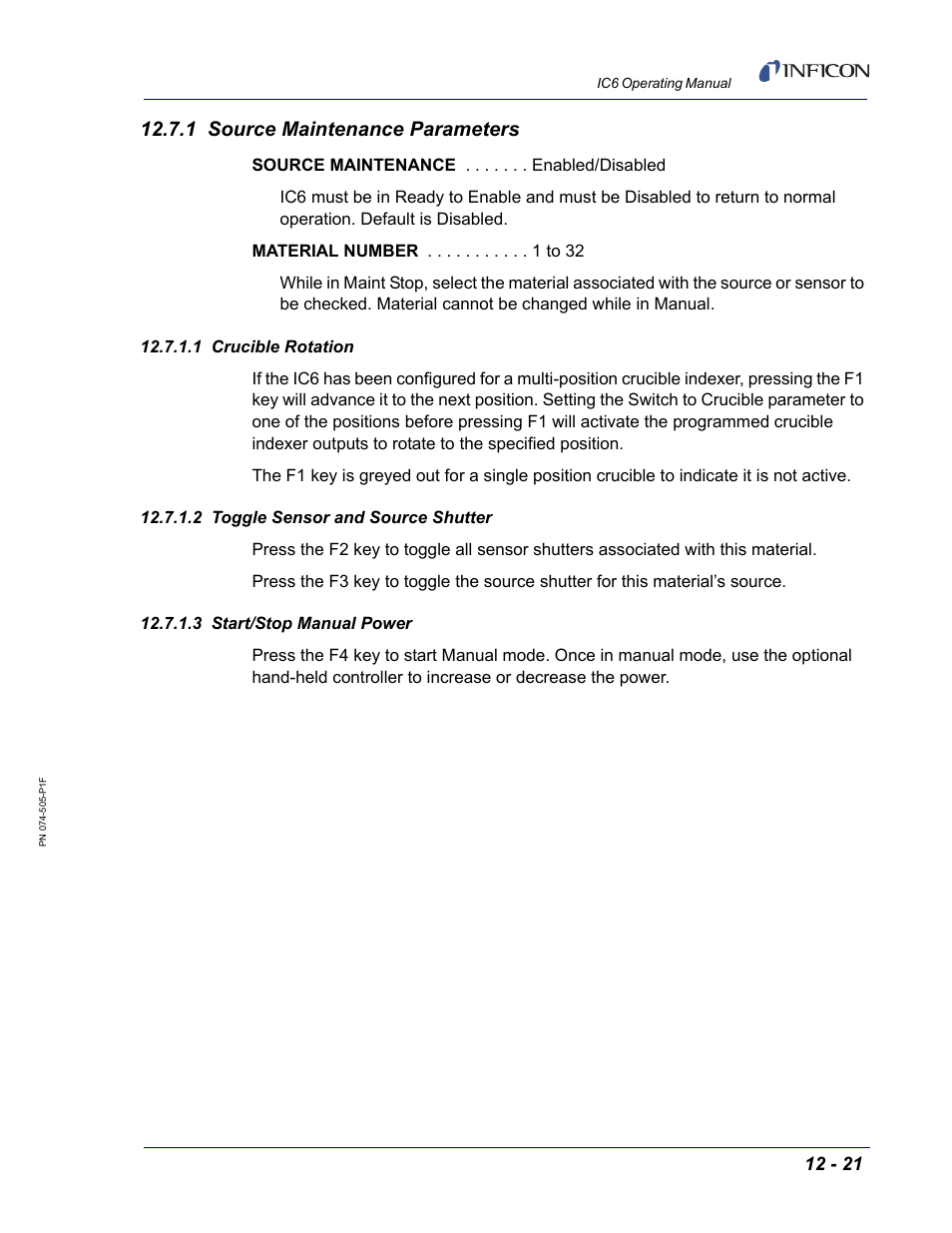 1 source maintenance parameters, 1 crucible rotation, 2 toggle sensor and source shutter | 3 start/stop manual power | INFICON IC6 Thin Film Deposition Controller User Manual | Page 263 / 332