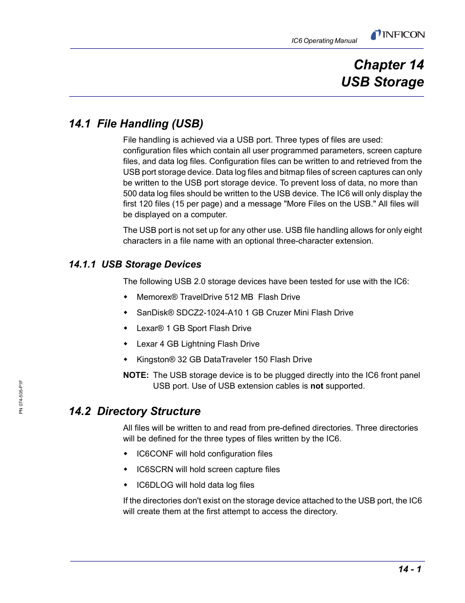 Chapter 14 usb storage, 1 file handling (usb), 1 usb storage devices | 2 directory structure, Chapter 14, Chapter 14, usb storage | INFICON IC6 Thin Film Deposition Controller User Manual | Page 267 / 332