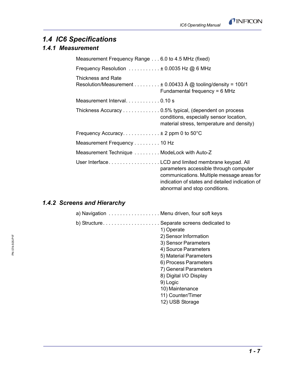 4 ic6 specifications, 1 measurement, 2 screens and hierarchy | INFICON IC6 Thin Film Deposition Controller User Manual | Page 27 / 332