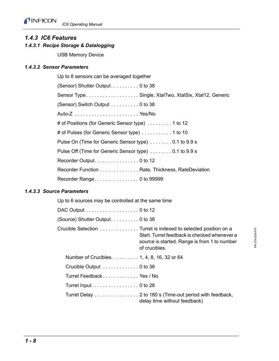 3 ic6 features, 1 recipe storage & datalogging, 2 sensor parameters | 3 source parameters | INFICON IC6 Thin Film Deposition Controller User Manual | Page 28 / 332