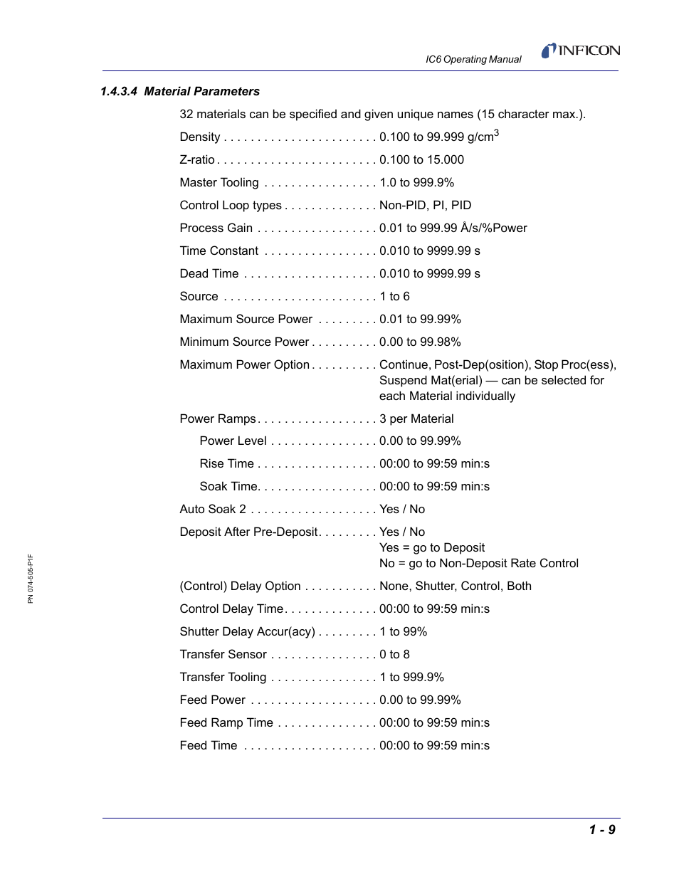 4 material parameters | INFICON IC6 Thin Film Deposition Controller User Manual | Page 29 / 332