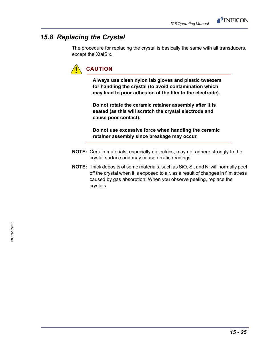 8 replacing the crystal, Caution | INFICON IC6 Thin Film Deposition Controller User Manual | Page 295 / 332