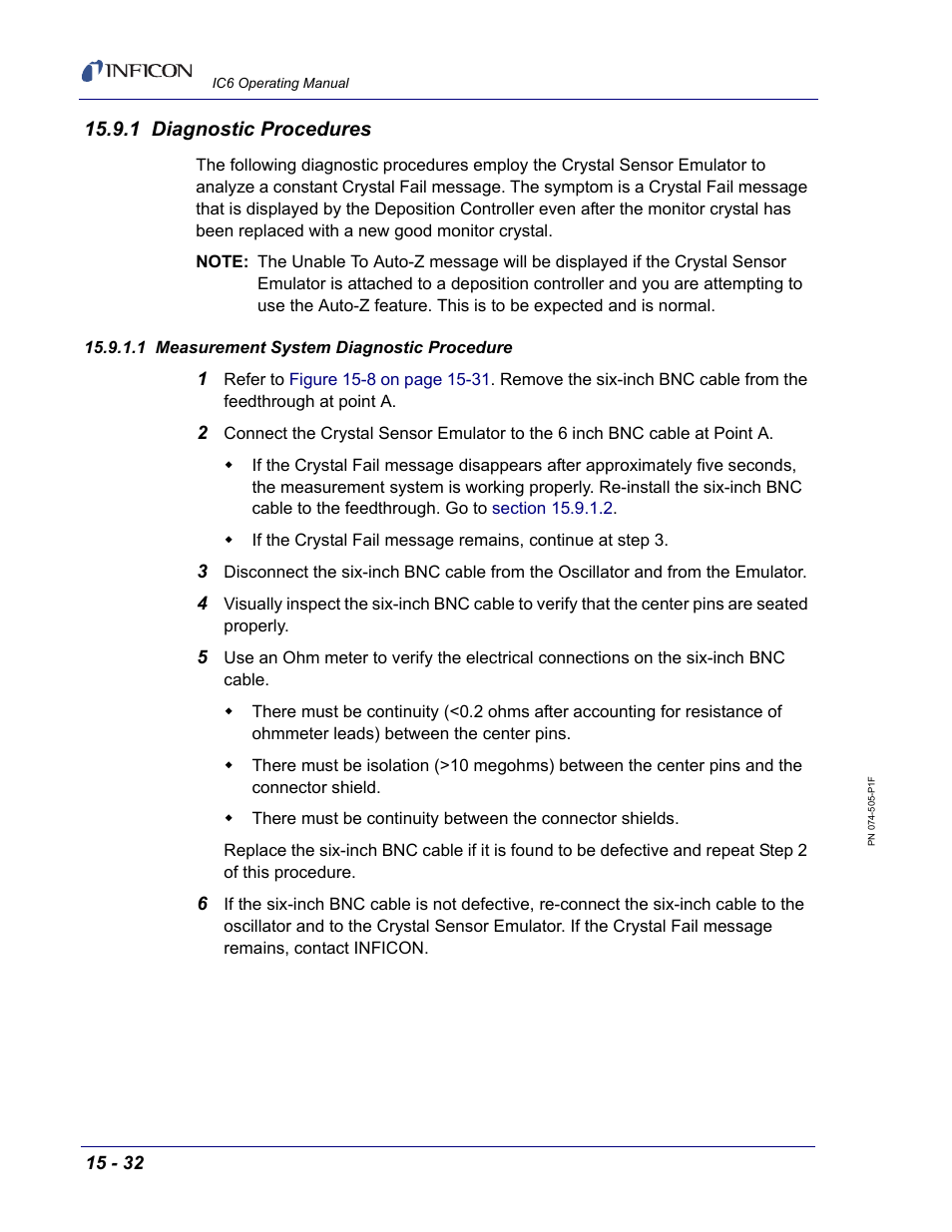 1 diagnostic procedures, 1 measurement system diagnostic procedure | INFICON IC6 Thin Film Deposition Controller User Manual | Page 302 / 332