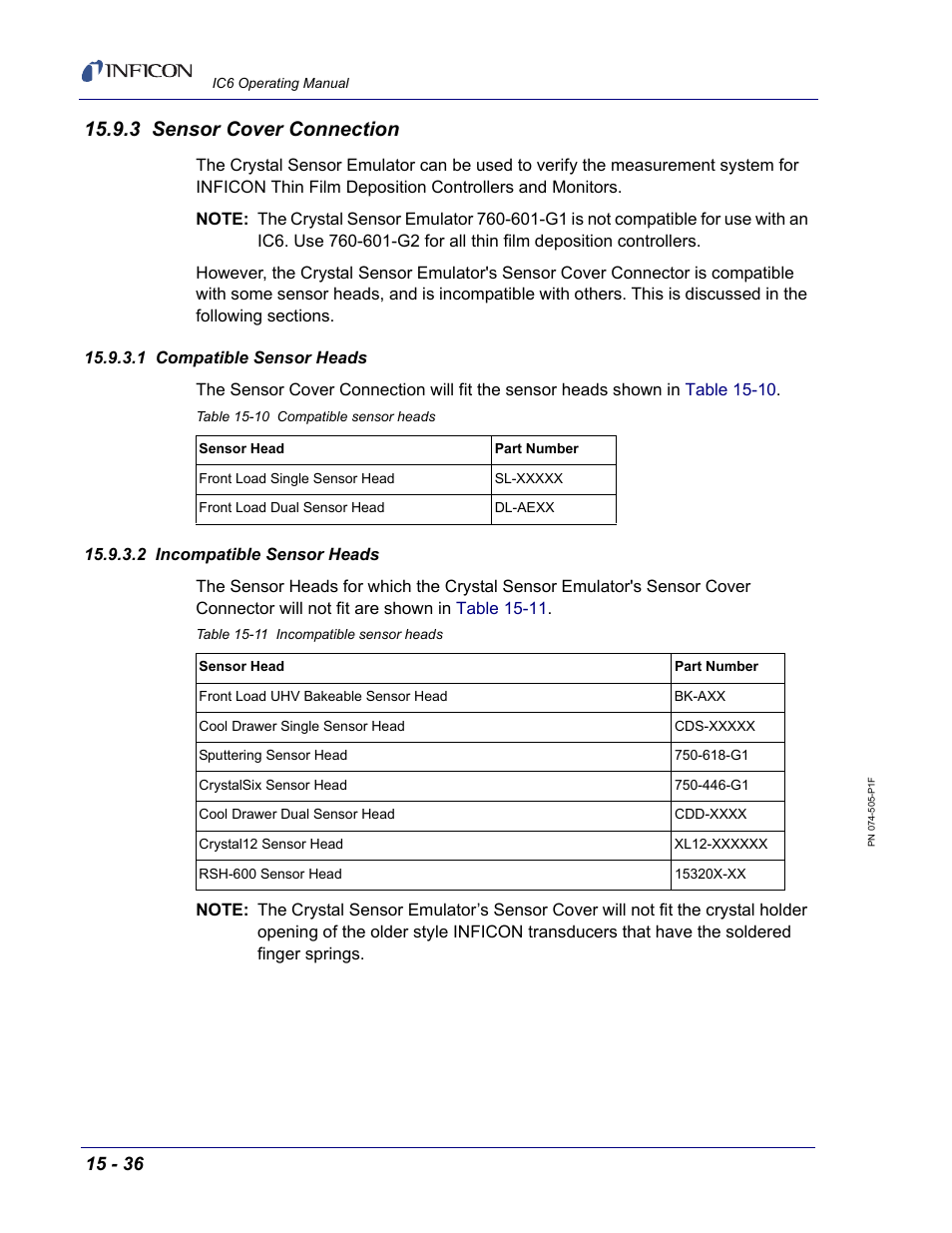 3 sensor cover connection, 1 compatible sensor heads, 2 incompatible sensor heads | INFICON IC6 Thin Film Deposition Controller User Manual | Page 306 / 332