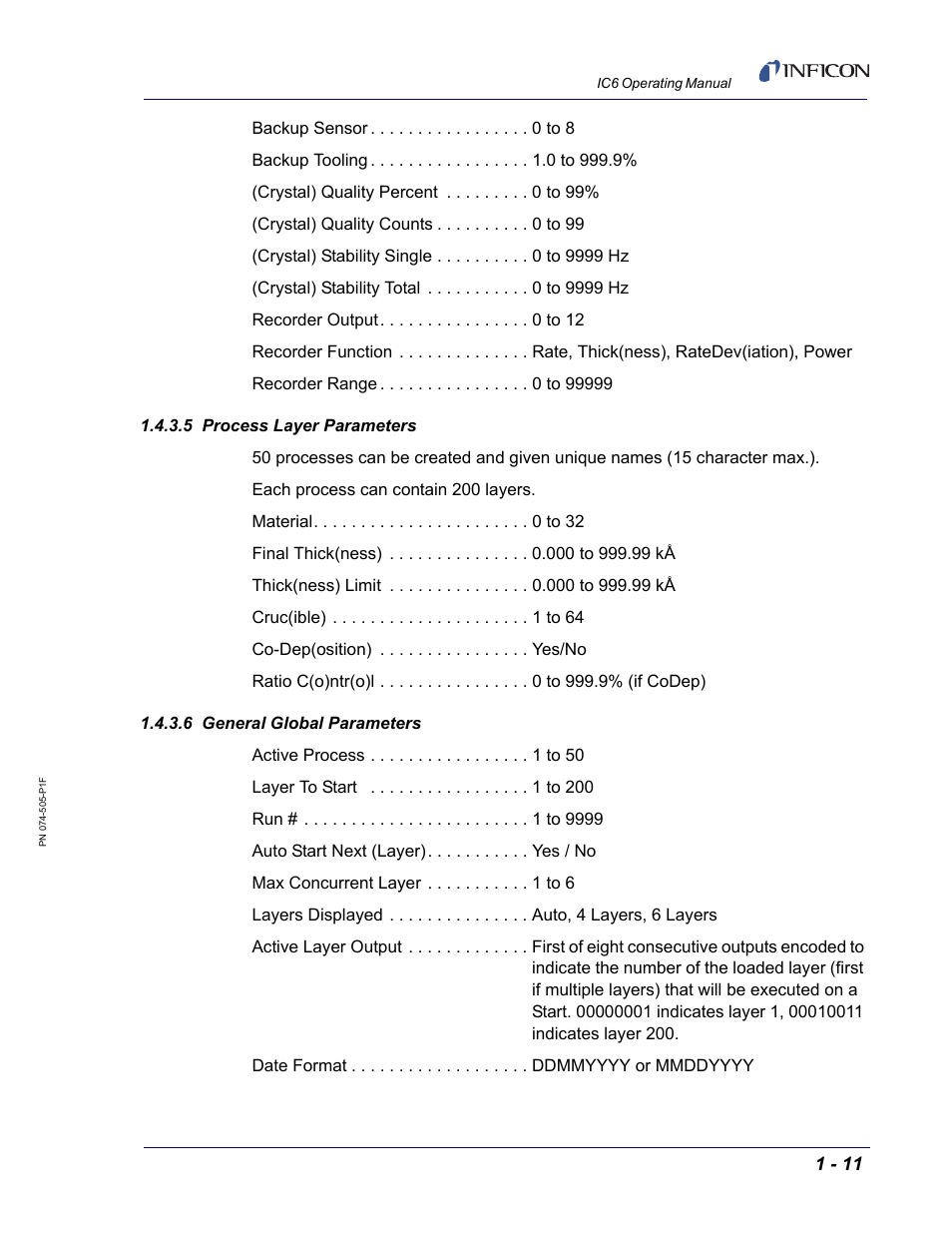 5 process layer parameters, 6 general global parameters | INFICON IC6 Thin Film Deposition Controller User Manual | Page 31 / 332