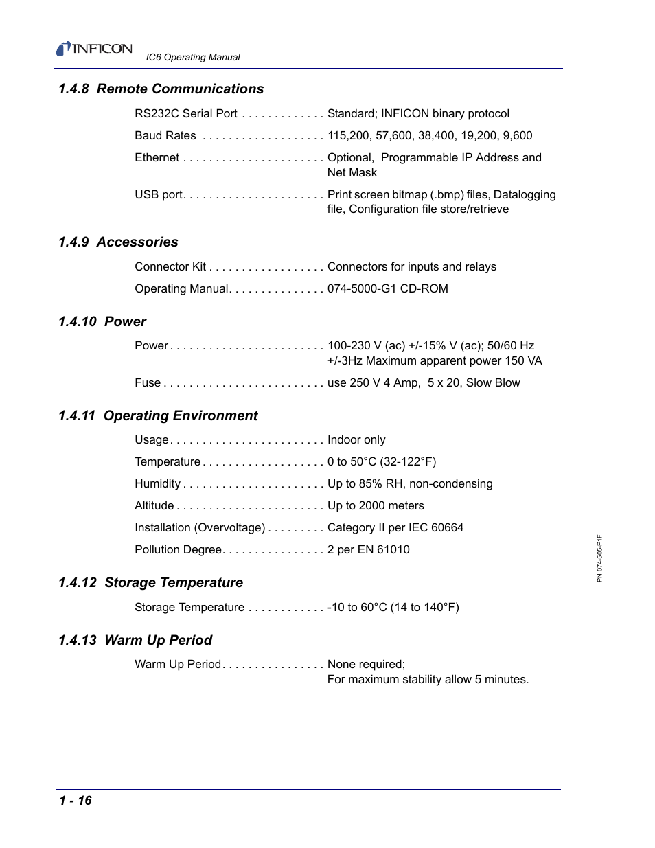 8 remote communications, 9 accessories, 10 power | 11 operating environment, 12 storage temperature, 13 warm up period | INFICON IC6 Thin Film Deposition Controller User Manual | Page 36 / 332