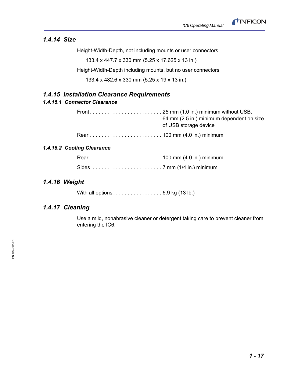 14 size, 15 installation clearance requirements, 1 connector clearance | 2 cooling clearance, 16 weight, 17 cleaning | INFICON IC6 Thin Film Deposition Controller User Manual | Page 37 / 332