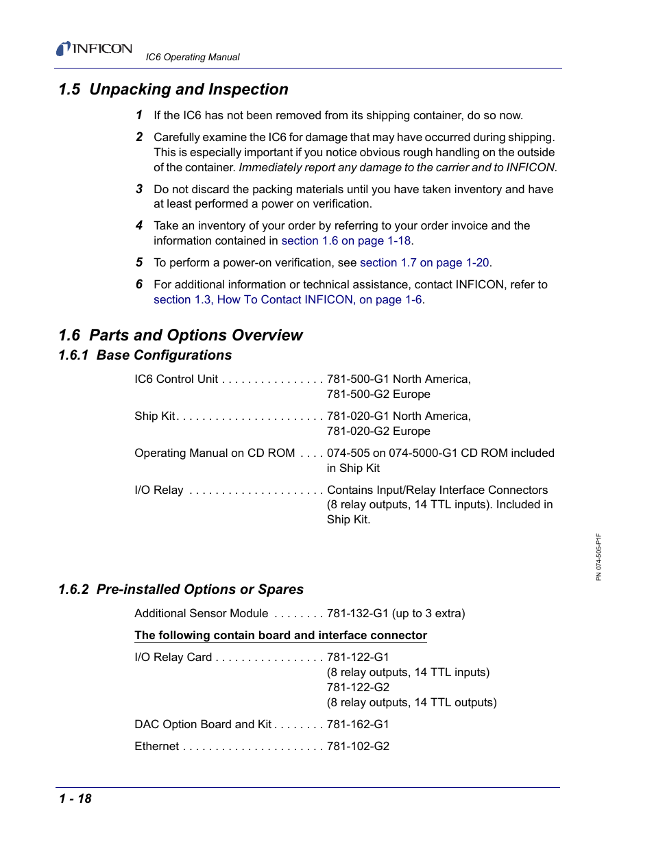5 unpacking and inspection, 6 parts and options overview, 1 base configurations | 2 pre-installed options or spares | INFICON IC6 Thin Film Deposition Controller User Manual | Page 38 / 332
