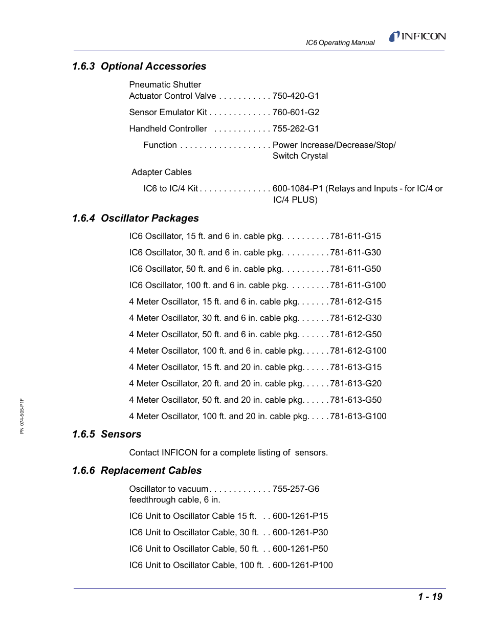 3 optional accessories, 4 oscillator packages, 5 sensors | 6 replacement cables | INFICON IC6 Thin Film Deposition Controller User Manual | Page 39 / 332