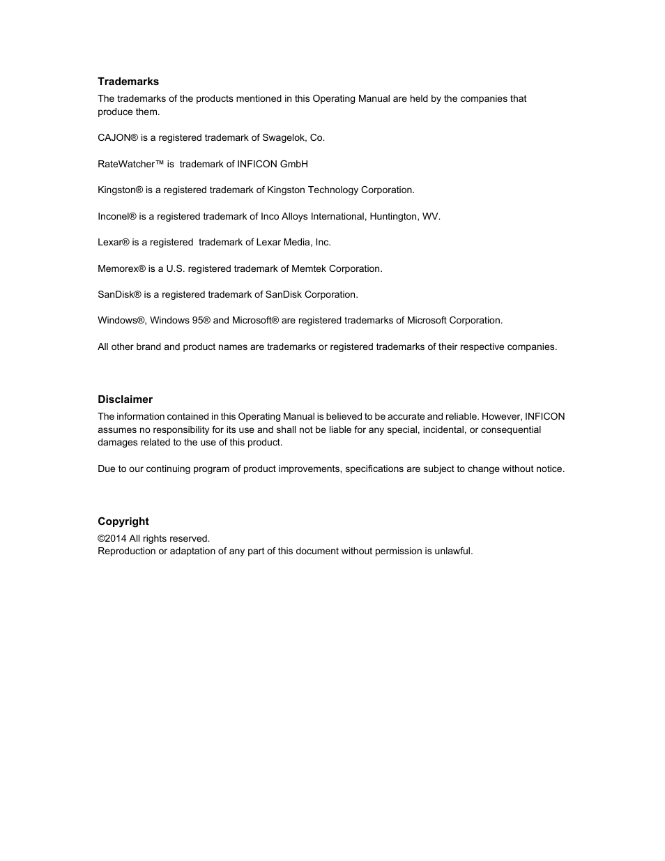 Trademarks, Disclaimer, Copyright | INFICON IC6 Thin Film Deposition Controller User Manual | Page 4 / 332