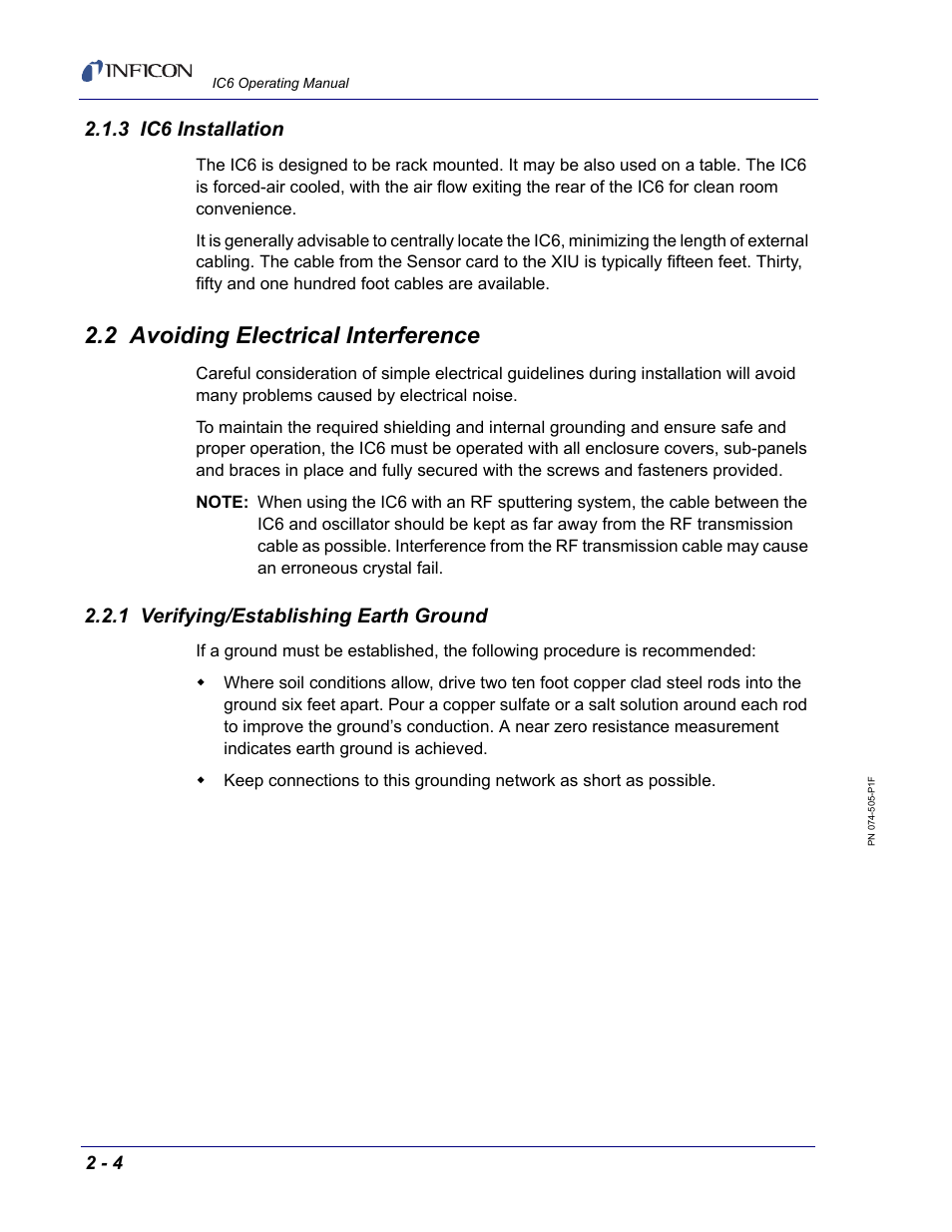 3 ic6 installation, 2 avoiding electrical interference, 1 verifying/establishing earth ground | INFICON IC6 Thin Film Deposition Controller User Manual | Page 46 / 332