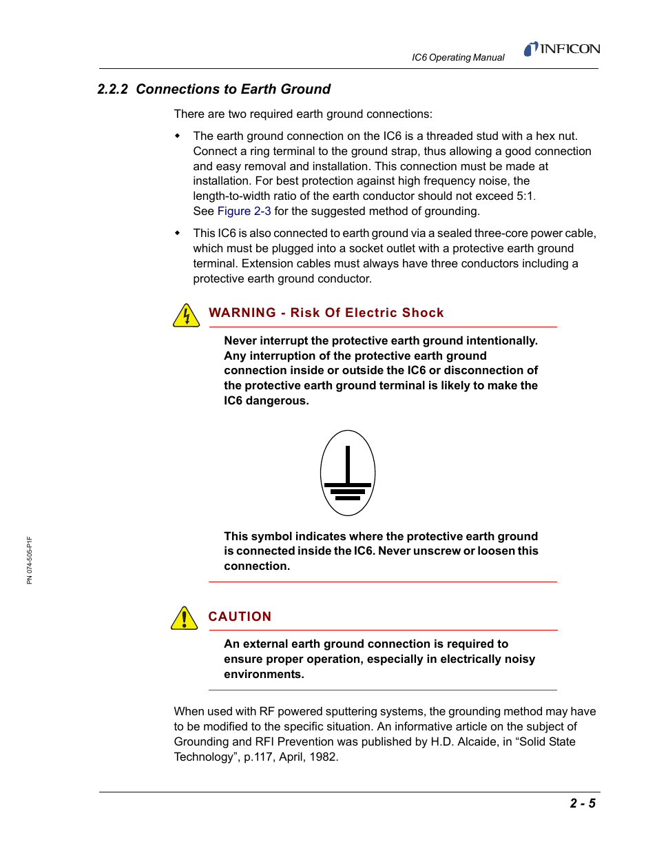 2 connections to earth ground | INFICON IC6 Thin Film Deposition Controller User Manual | Page 47 / 332